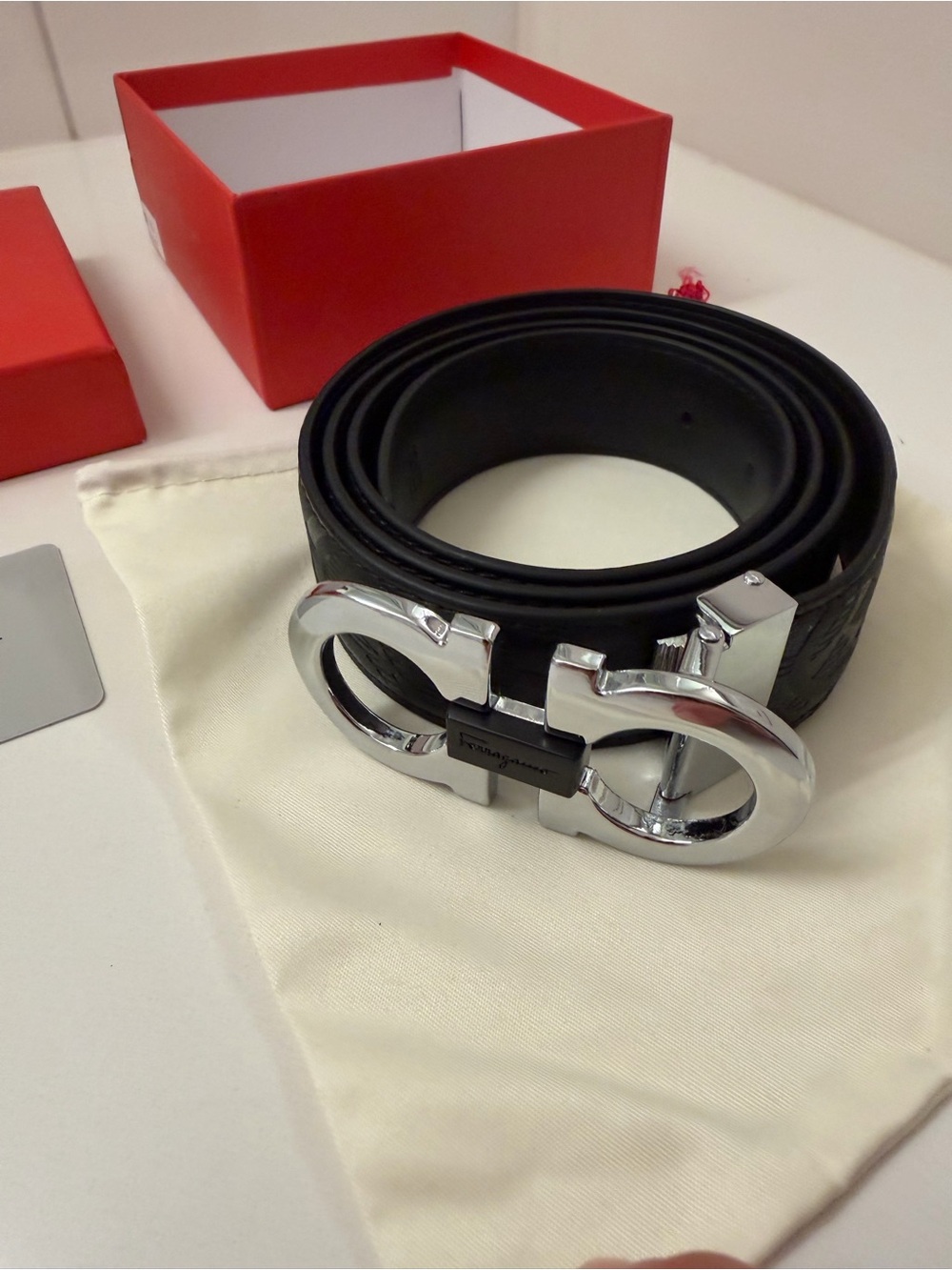 Salvatore Ferragamo Black Leather Gancini Reversible Belt